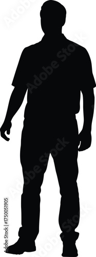 Silhouette of a man standing with his legs apart and his arms at his sides isolated on white background