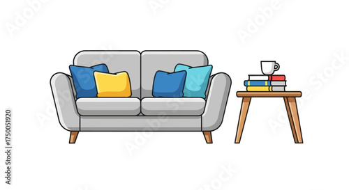 Cozy Living Room Scene with Sofa and Books.