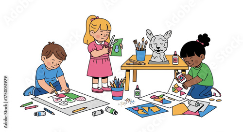 Diverse children engaged in creative art activities drawing and painting with colorful supplies.