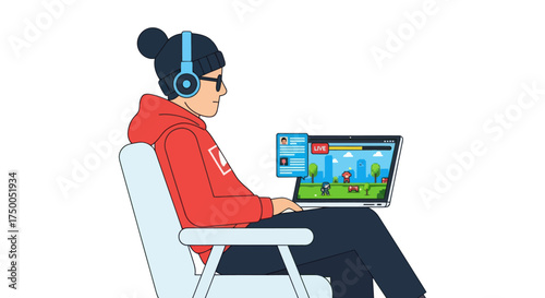 Gamer in red hoodie with headphones playing video game on laptop.