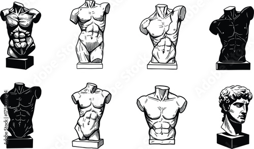 Classical male torso sculpture, ancient statue silhouette, marble bust artwork, antique figure design, vintage art element, artistic anatomy illustration, historical sculpture graphic