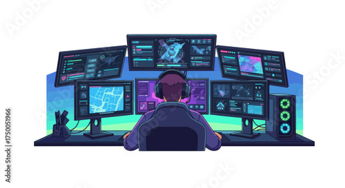 Person immersed in multiple glowing computer screens in a dark room.