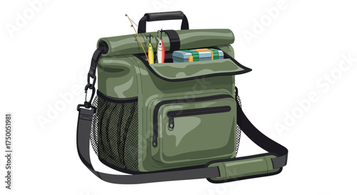 Green Waterproof Fishing Tackle Bag with Shoulder Strap and Open Top.