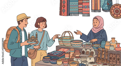 Diverse shoppers interact at a vibrant marketplace stall displaying handcrafted goods and souvenirs.