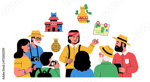 Diverse Group of Tourists Engaged in a Guided Tour with a Leader.