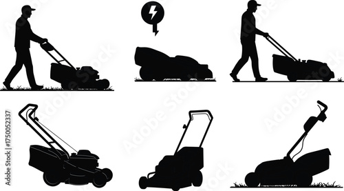 Lawn mower vector, grass cutting tool, garden equipment, electric mower, push mower, landscaping tool, DIY repair, outdoor supply, silhouette design, icon