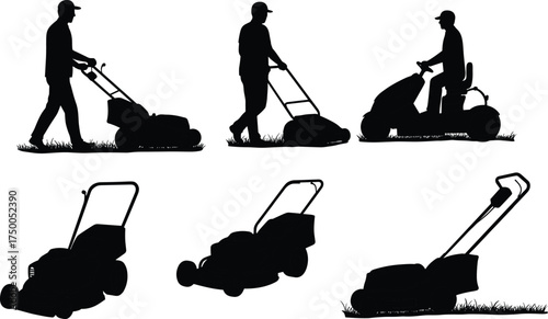 Lawn mower vector, grass cutting tool, push mower, ride on mower, garden equipment, landscaping tool, DIY repair, outdoor supply, silhouette design, icon