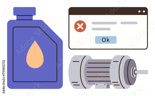 Oil container, electric motor, and error window with red cross and Ok button. Ideal for maintenance, mechanical failure, troubleshooting, industrial operations, repair, machinery care simple flat