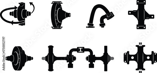 Pipe fitting vector, industrial connector, mechanical joint, plumbing component, fluid system design, engineering element, flanged pipe, valve assembly, technical illustration, icon