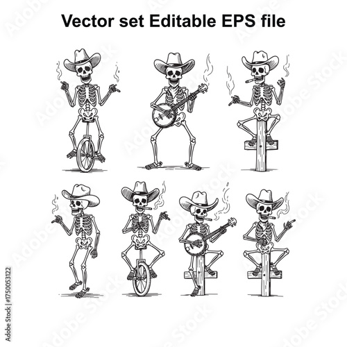 Vector art of collection of skeleton cowboys in western attire performing various actions like riding unicycles and playing guitars