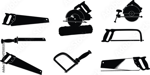 Saw tool vector, hand saw, circular saw, reciprocating saw, coping saw, bow saw, crosscut saw, carpentry tool, woodworking equipment, construction icon