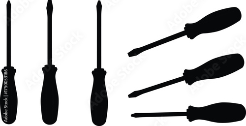 Screwdriver vector illustration, hand tool icon, flathead screwdriver, Phillips head, mechanical tool, repair equipment, industrial element, DIY tool, engineering design, silhouette