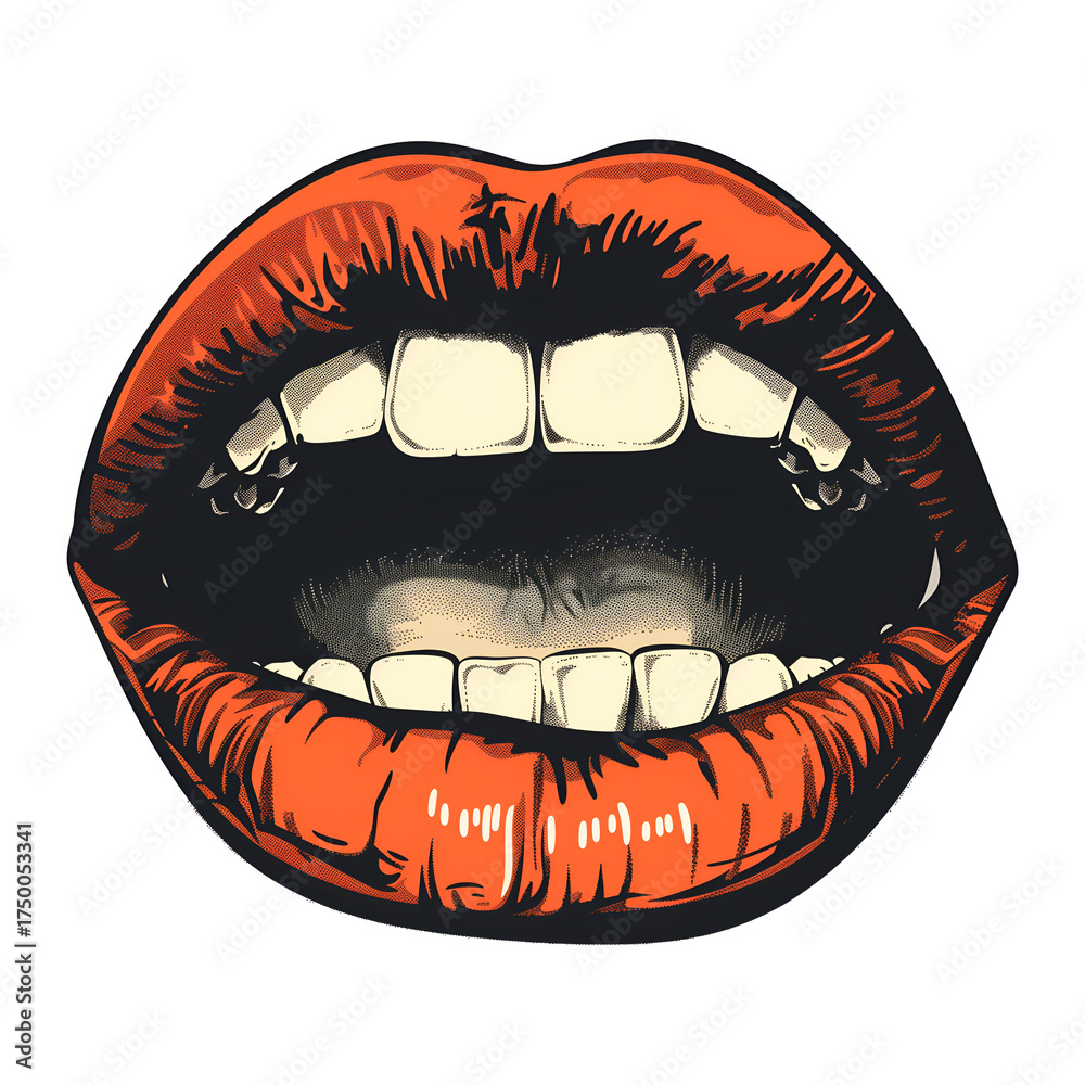 Obraz premium A red mouth with a white tongue and teeth for clipart collage