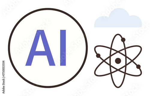 AI typography inside a circle, atom diagram with orbiting electrons, and a light blue cloud. Ideal for technology, innovation, science, AI, research computing education. Simple flat metaphor