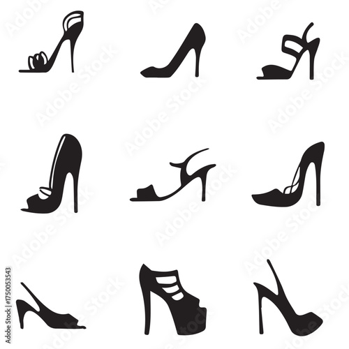 Set of black high heel women shoes icons on white background