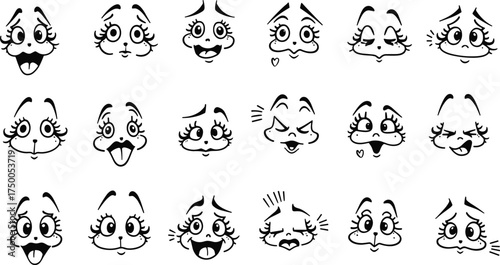 Cute cartoon animal faces vector set, expressing various emotions, happy, sad, playful, winking, surprised, funny, adorable dog or bunny expressions, or stickers.