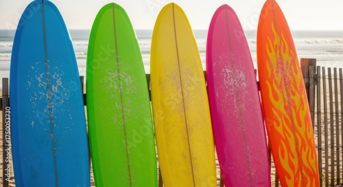 Vibrant Surfboards Leaning Against Beach Fence, Ocean Backdrop, Sunny Day