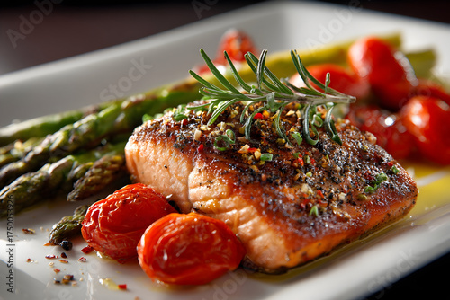 Gourmet plated dish of seared salmon with asparagus and tomatoes for culinary presentation