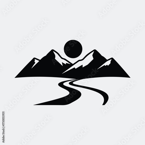 Silhouette mountain landscape with winding road and sun vector illustration