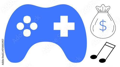 Blue game controller with cross and button symbols, money bag icon with dollar sign, and music note. Ideal for gaming, entertainment, online earnings, creativity, leisure, digital rewards fun