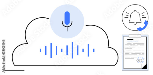 Cloud with microphone and sound waves, notification bell, phone icon, and document signature. Ideal for voice technology, communication, automation, productivity, remote work cloud storage simple