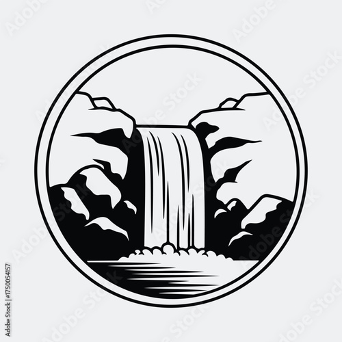 Silhouette waterfall emblem logo in circular frame vector illustration