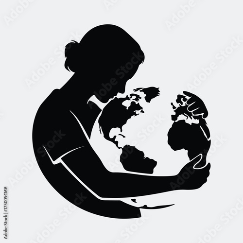 Silhouette woman holding fragmented world globe earth in hands vector illustration