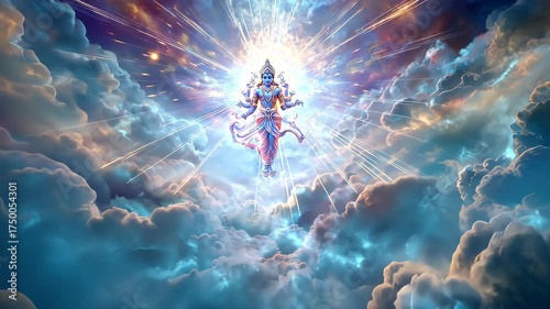 A celestial portrait of vishnu descending through clouds of light, with radiant energy beams and cosmic waves, fantasy divine scene