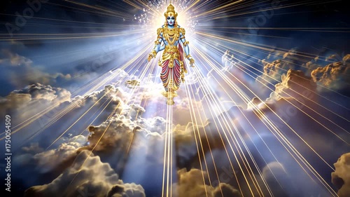 A celestial portrait of vishnu descending through clouds of light, with radiant energy beams and cosmic waves, fantasy divine scene