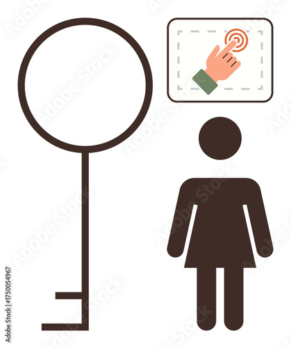 Minimal style woman figure, large key, and fingerprint touchpad symbolize identity verification, security, access, personal privacy. Ideal for cybersecurity, biometrics, technology IT systems