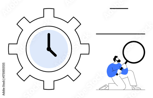 Clock within a gear symbolizing time management, man holding magnifying glass. Ideal for productivity, planning, analysis, focus, optimization, organization efficiency. A simple flat metaphor