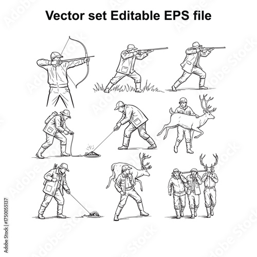 Vector art of vector set of hunters in action, including archery, rifle shooting, and carrying deer