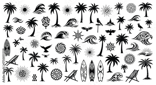Black silhouette collection of tropical beach and surf elements including palm trees waves surfboards and sunbursts Keywords: palm trees, coconut trees, tropical, beach, ocean, waves, surfboard