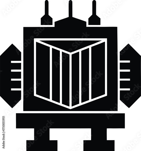 Transformer Icon in Black Silhouette Isolated on Transparent Backdrop: Electrical Power Conversion Symbol, Electromagnetic Induction, and Circuit Component Aesthetics