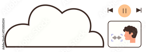 Large cloud connected to audio player controls and voice command interface. Ideal for technology, innovation, communication, cloud services, AI, storage, automation. Simple flat metaphor