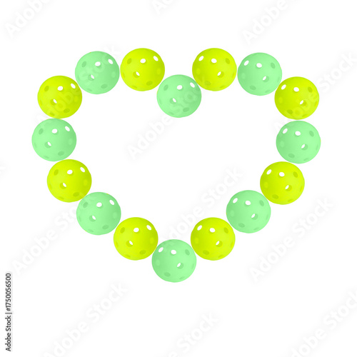 Heart shaped pattern made of green and yellow pickleballs balls on transparent background.