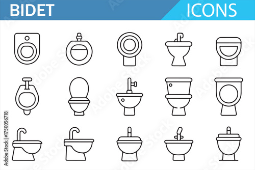 Bidet and Toilet Icons for Bathroom Fixtures, Sanitary Systems, and Plumbing