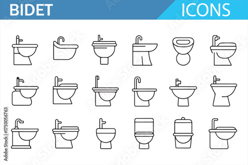 Collection of Bidet Toilet Icons – Various Types of Bidets, Toilets, and Bathroom Fixtures