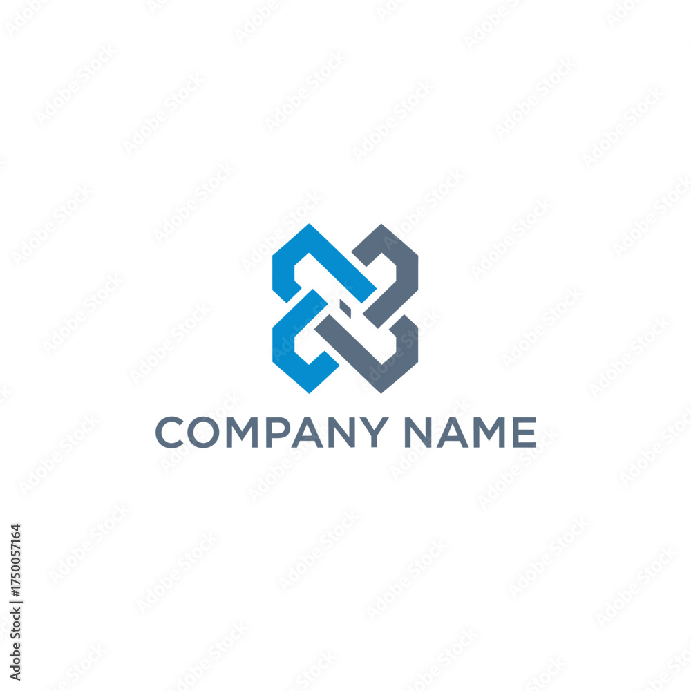 Obraz premium Abstract geometric interlocking knot logo in blue and gray with 'COMPANY NAME' text below, representing connection and partnership.