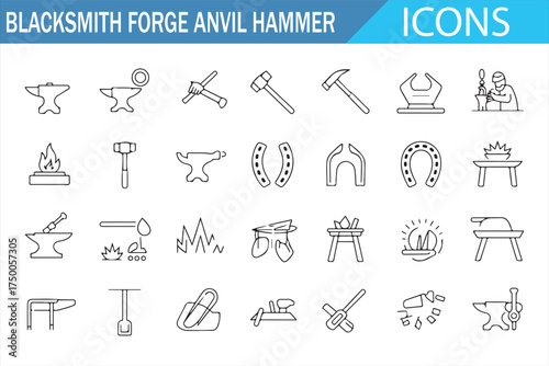 Icon Set for Metalworking – Blacksmith Forge, Hammer, Anvil, and Horseshoe
