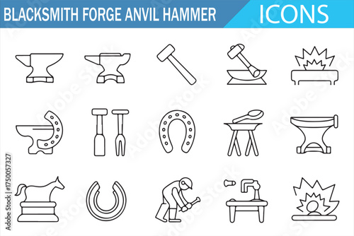 Metalworking and Blacksmith Tools – Forge, Anvil, Hammer, and Horseshoe Icons