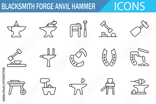 Blacksmithing Tools Icon Set – Anvil, Hammer, and Forge for Metalworking