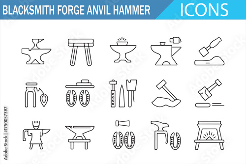 Set of Blacksmith Forge Tools and Equipment Icons for Metalworking and Craftsmanship – Anvil, Hammer, Horseshoe, and More