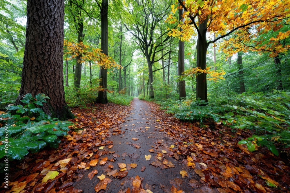 Naklejka premium Autumn forest path covered in wet leaves