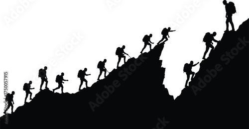 Mountain climbing silhouette, personal growth, perseverance journey, peak achievement, rugged terrain, outdoor challenge, backpack climber, success metaphor, elevation progress, adventure trail