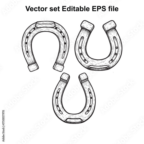 Vector art of vector set of three horseshoes in different sizes and orientations