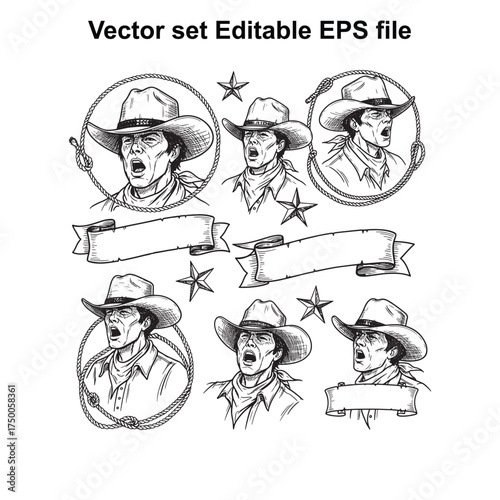 Vector art of collection of cowboy portraits with open mouths and expressive faces, wearing hats and bandanas