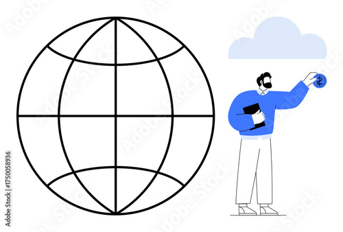Individual holding device near a globe symbol, visualizing technology and connectivity. Ideal for global business, network management, innovation, data sharing, digital strategy, education