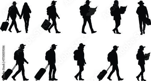 Travelers walking, airport silhouettes, tourists with luggage, people in transit, travel concept, journey, vacation, tourism, backpackers, adventure, exploration, global movem
