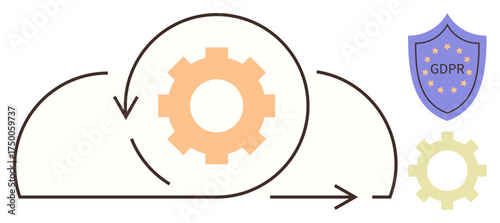 Cogwheel inside cloud outline representing data processing, arrow indicating workflow, GDPR compliance shield. Ideal for cybersecurity, compliance, data management, cloud computing, workflow